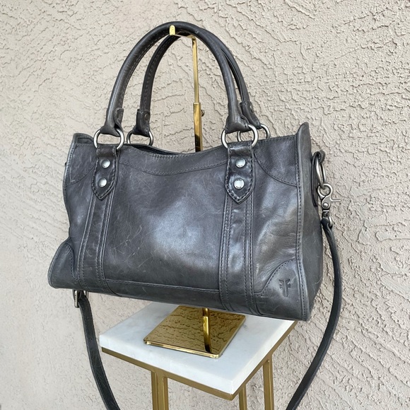 FRYE Carbon Gray Distressed Soft Leather Melissa Zip Top Crossbody Satchel Bag - Picture 1 of 17